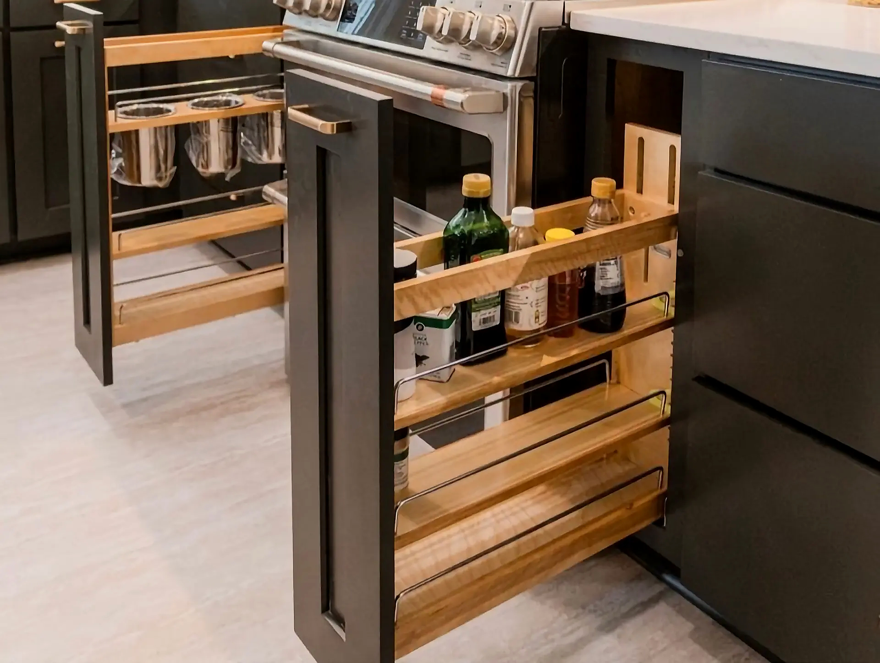 Pull-out spice and utensil storage cabinetry detail
